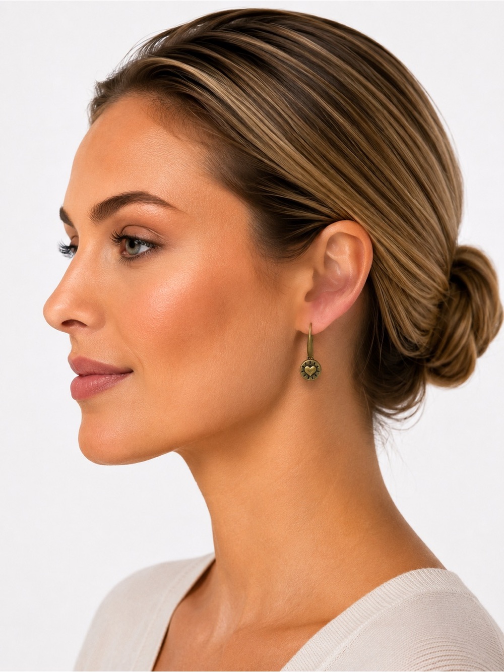 Bronze Heart Drop Hoop Earrings